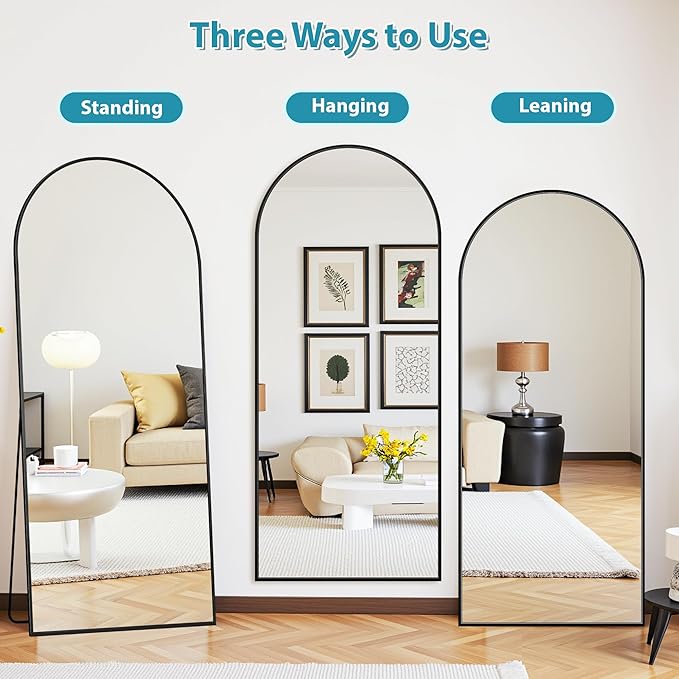 Full Length Mirror, 71"x28" Oversized Floor Mirror Freestanding, Full Body Mirror Floor Standing Mirrors with Stand, Hanging Mounted Mirrors for Bedroom Living Room, Black, Arched Style-DeskLoop Office