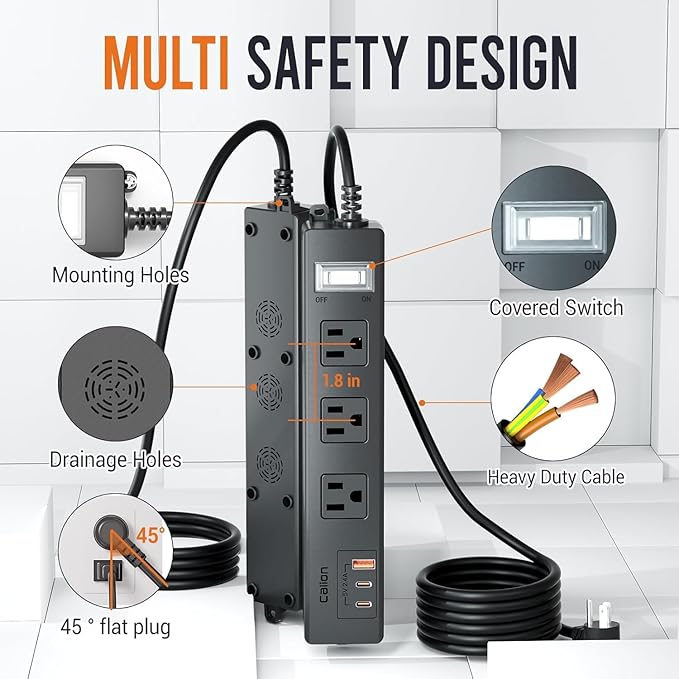 IPX6 Outdoor Power Strip Weatherproof, Waterproof Surge Protector with 3 Wide Outlet with 1A2C USB Ports, 10FT Long Extension Cord, Wall Mountable for Outside Decorations and More UL Listed(Black)-DeskLoop Office