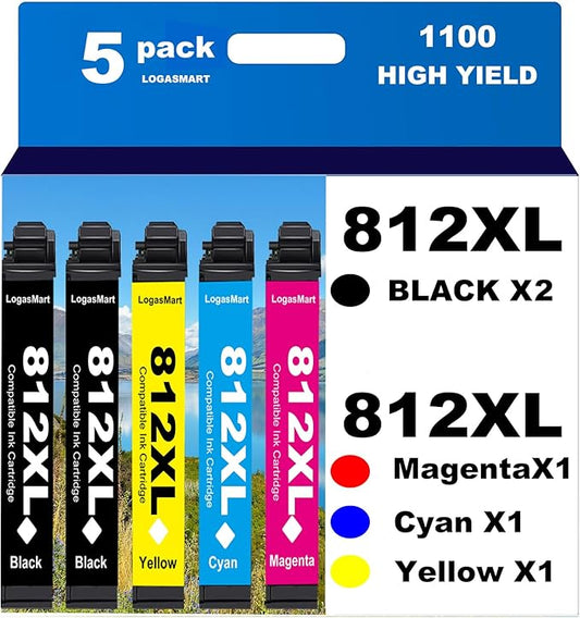 812XL Remanufactured for Epson 812XL Ink cartridges Combo Pack for Epson 812 T812 XL for Epson Workforce Pro WF-7840 WF-7820 WF-7310 EC-C7000 Printer 5 Pack 2 Black 1 Cyan 1 Magenta 1 Yellow-DeskLoop Office