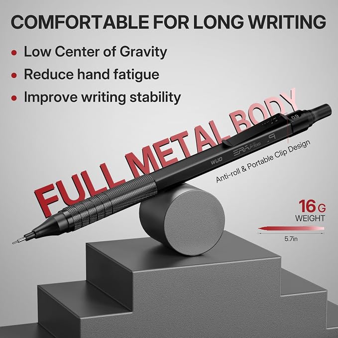 WUO 0.9mm Mechanical Pencil Set, 3 Black Metal Drafting Pencils - Image 4