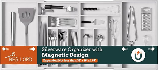 Silverware Organizer Large, Magnetic Connected Expandable 13 Slots Silverware by Besilord