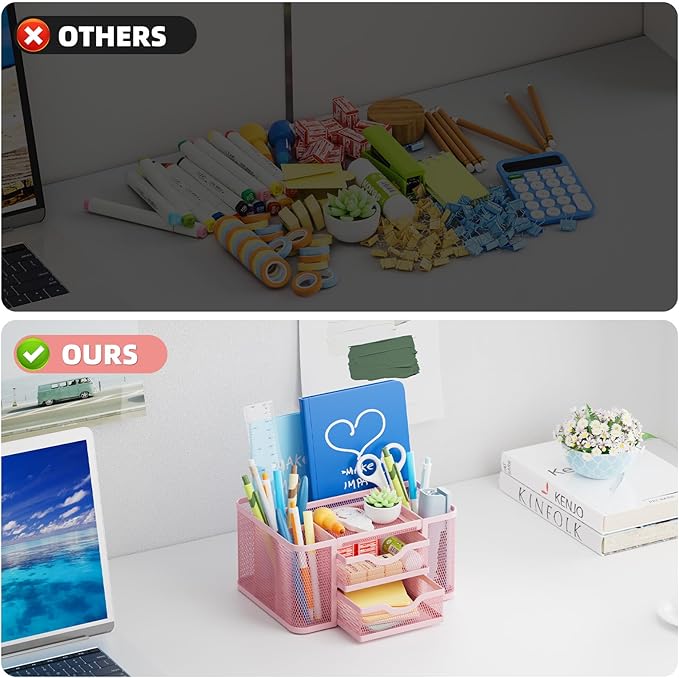 Marbrasse Mesh Desk Organizer, Pen Organizer with 2 Drawer, Multi-Functional Pencil Holder, Desk Organizers and Accessories with 5 Compartments + Drawer for Office Art Supplies (Pink)-DeskLoop Office