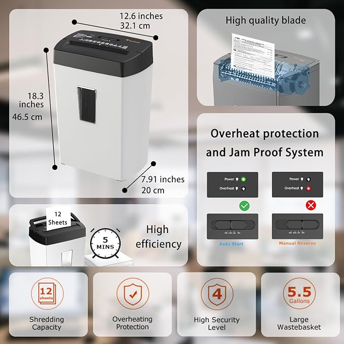 Bonsaii 12-Sheet Cross Cut Shredder, P-4 High Security, 5.5 Gal, Heavy Duty for Home Office, Shreds Paper, Credit Card, Mail, Staples, with Transparent Window, White & Black (C275-A)-DeskLoop Office