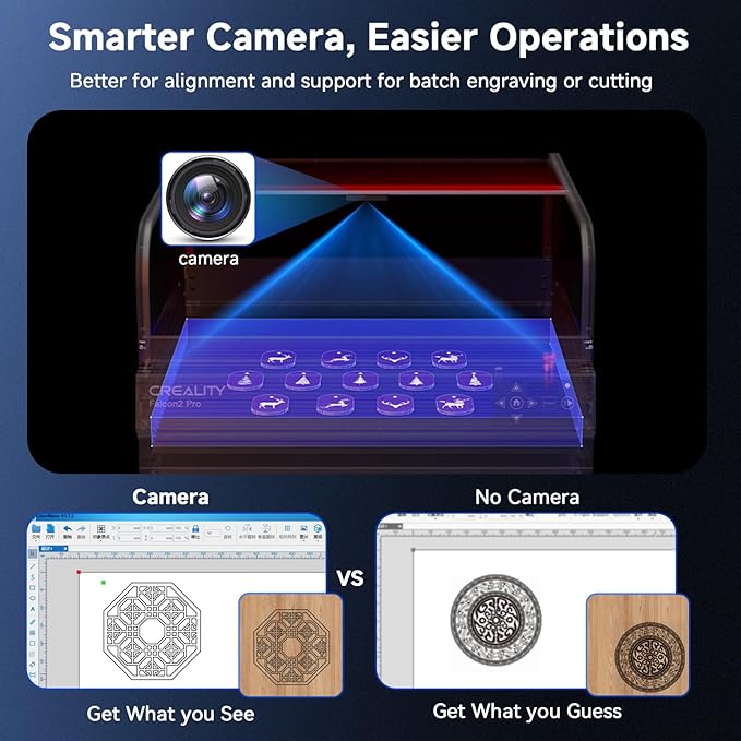Creality Laser Engraver Enclosed, Falcon2 Pro 60W Output Laser Engraving Machine, 25000mm/min Speed Laser Cutter with Air Assist, Auto Fan, Camera Positioning for Wood and Metal-DeskLoop Office