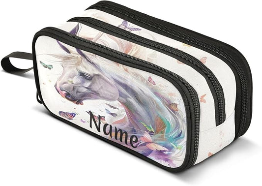 BOENLE Custom White Horse Butterflies Pencil Case Box Boys Girls Personalized by BOENLE-WELCOMEYOURCOMING