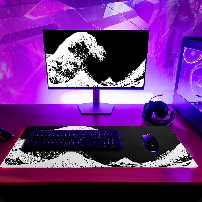 Japanese Sea Wave Large Mouse Pad, Abstract Black Gaming Mousepad, Extended - Image 6