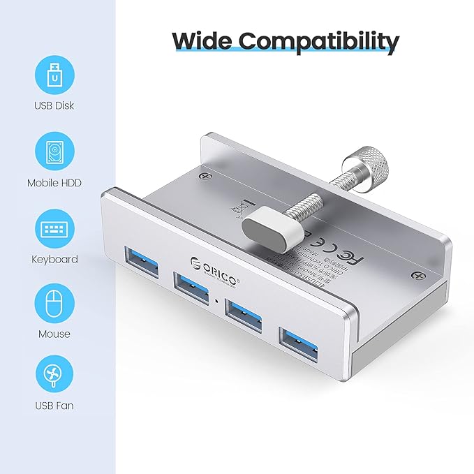ORICO USB 3.0 Hub, USB Hub Clamp, Aluminum 4-Port USB Splitter with 4.92 FT USB Data Cable, Desktop Powered USB Hub for Monitors/Desks-Silver (Without Power Adapter)-DeskLoop Office