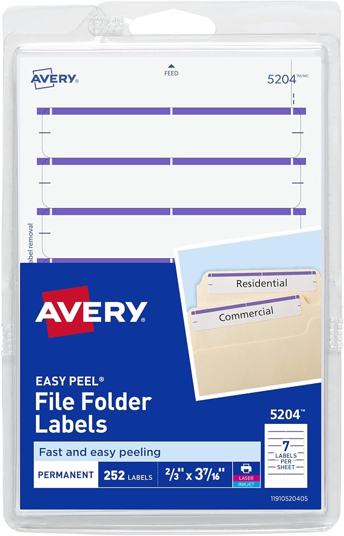 Avery File Folder Labels on 4" x 6" Sheets, Easy Peel, Print or Write, 2/3" x by Avery
