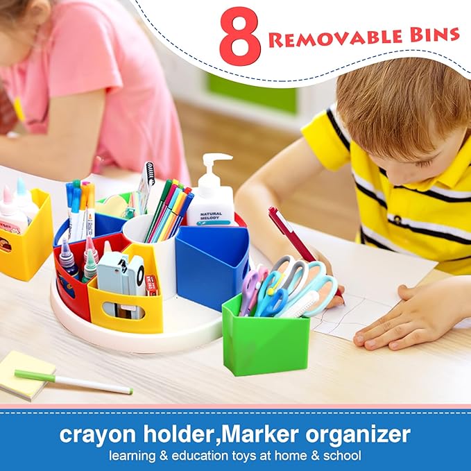 360 Degree Rotating Kids Desk Organizer, Colorful Art Supply Storage and Organization with 8 Removable Compartments, 12" Durable ABS Material for Classroom & Home Use – Perfect Teacher and Child Gift-DeskLoop Office