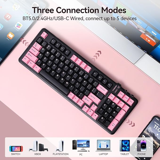 AUSDOM 98Pro Silent Wireless Mechanical Keyboard, Tri-Mode BT/2.4G/USB-C Hot Swappable Custom Quiet Keyboard with Backlit, Gasket Structure, PBT Keycaps, Pre-lubed Tactile Switches(Black Pink 97keys)-DeskLoop Office