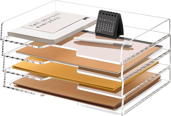 SANRUI Clear Acrylic Paper Tray, 4 Tier Stackable Letter Trays Desk Organizer by SANRUI