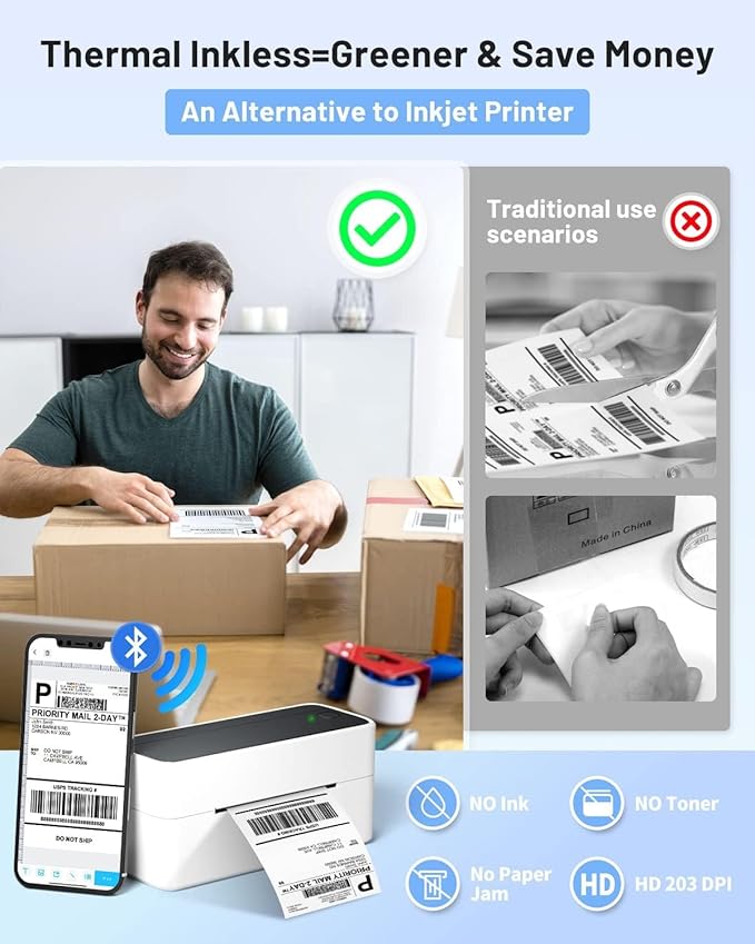 Phomemo Bluetooth Thermal Printer for Shipping Packages - Wireless Label Printers for Small Business with Phone&Pad&PC, 241BT Shipping Label Printer Compatible with Amazon, Ebay, Shopify, USPS, Temu-DeskLoop Office
