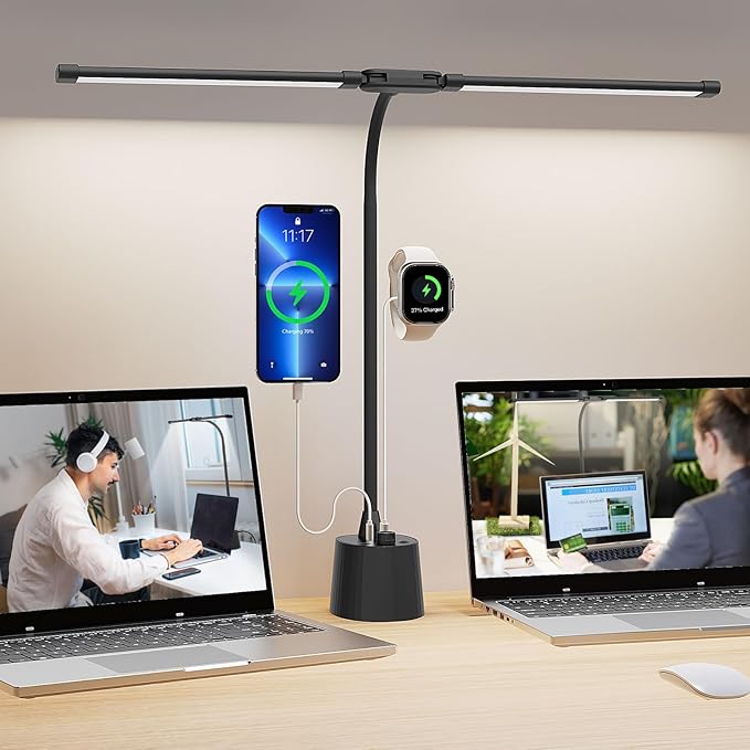 Desk Lamp with Dual Head & 10W Smart Dual USB Charging Port 5 Color Modes Dimmable Reading Light 2600 Lumens 12W Table Lamp for Bedside Office, Adapter Include-DeskLoop Office