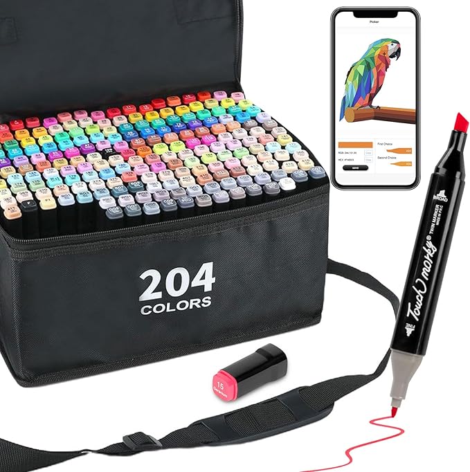 204 Colors Alcohol Markers with Free App, Chisel Tip and Fine Tip, Dual Tip Alcohol-Based Marker set for Artist Adults, Art Markers for Painting, Coloring, Sketching and Drawing,Great Gift Idea-DeskLoop Office