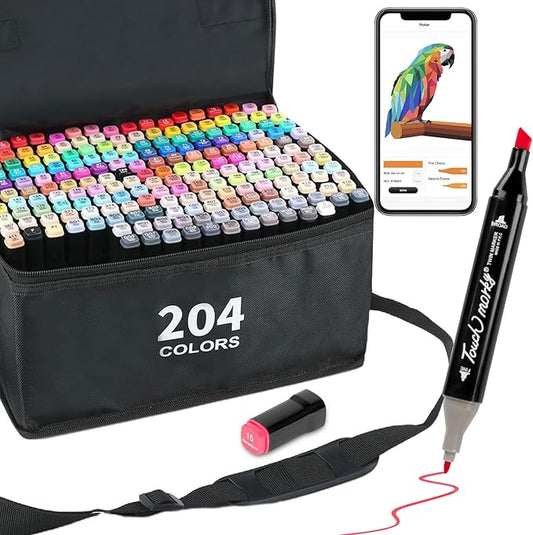 204 Colors Alcohol Markers with Free App, Chisel Tip and Fine Tip, Dual Tip Alcohol-Based Marker set for Artist Adults, Art Markers for Painting, Coloring, Sketching and Drawing,Great Gift Idea-DeskLoop Office
