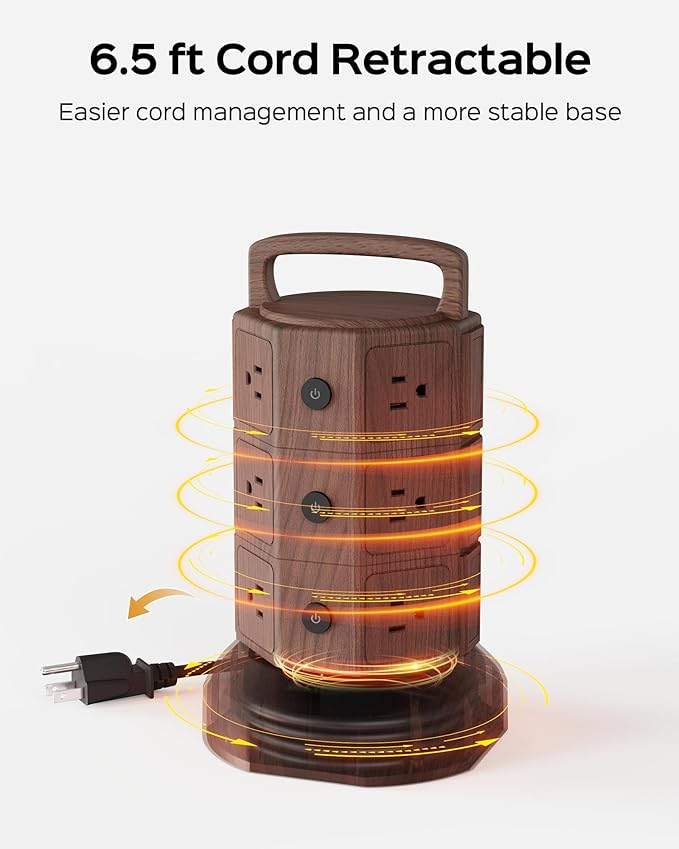 JACKYLED Power Strip Tower Surge Protector with 6.5ft Extension Cord 6 USB Ports and 12 AC Outlets Electric Charging Station for Home Office Dorm Desktop Computer Walnut and Black-DeskLoop Office