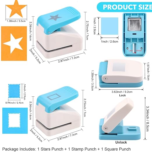 3 Pcs Paper Punch | Stamp Square & Star Punches | 1.1x0.9 inch Postage Stamp - Image 2