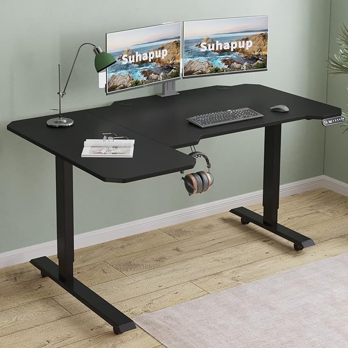 Electric Height Adjustable Standing Desk, 59 L-Shaped Sit - Stand Desk for Work or Home Office Push Button Memory Settings Black Splice Board/Black Frame-DeskLoop Office