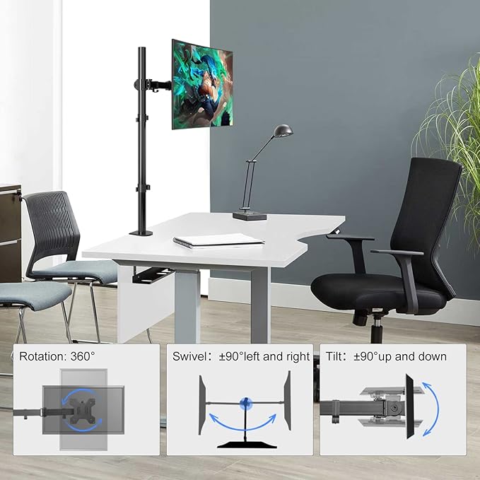 Suptek Single Monitor Arm Desk Mount Fully Adjustable Monitor Stand for 1 / One Screen up to 32 inch Extra Tall 31.5 inch Pole,Black (MD6821)-DeskLoop Office