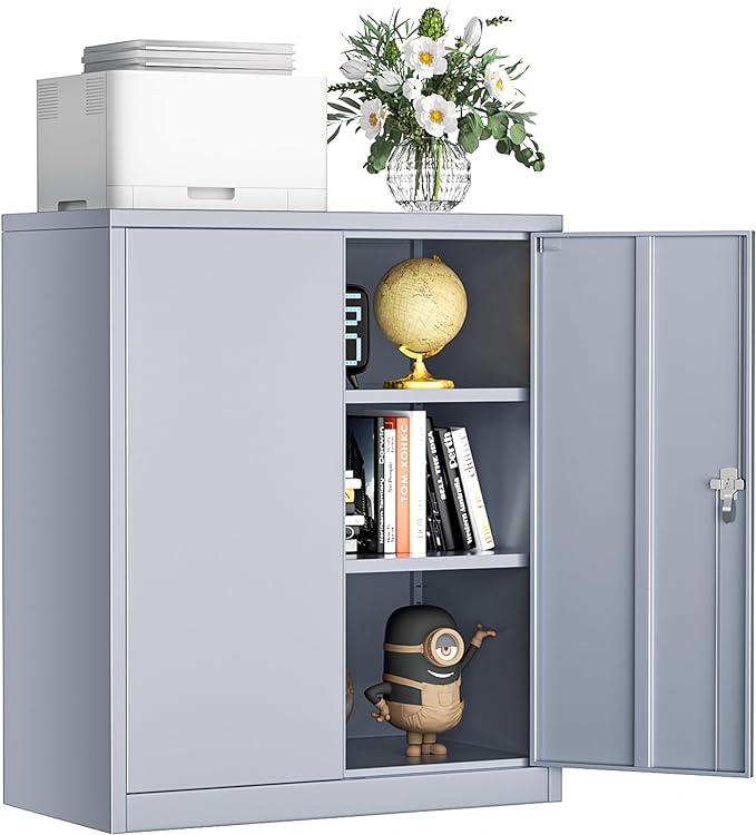 INTERGREAT Metal Cabinet with Lock, Lockable Metal Storage Cabinets with Doors and Shelves for Garage, Cement Grey Locking Garage Storage Cabinets 36"×32"×16"-DeskLoop Office