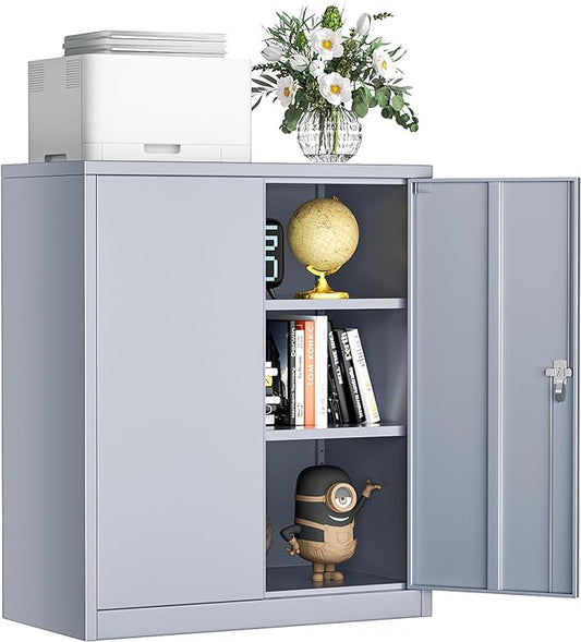 INTERGREAT Metal Cabinet with Lock, Lockable Metal Storage Cabinets with Doors and Shelves for Garage, Cement Grey Locking Garage Storage Cabinets 36"×32"×16"-DeskLoop Office