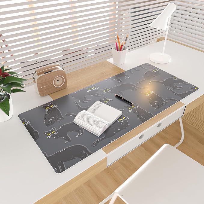 Colorful Star Black Large Mouse Pad, Cute Cat Waterproof Office Desk Mat - Image 3