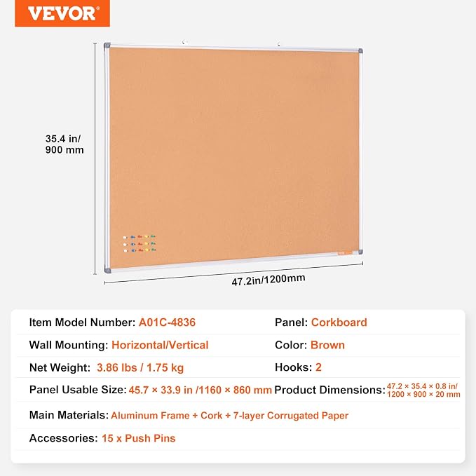 VEVOR 48"x36" Large Cork Board – Wall-Mounted Bulletin Board - Image 8