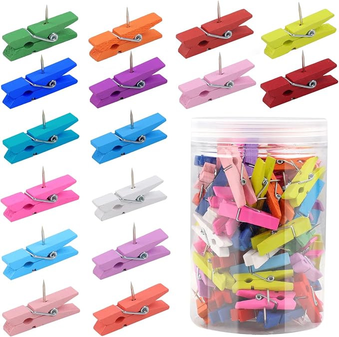 110Pcs Colorful Push Pin with Wooden Clips, Durable Wooden Push Pins, by Utron