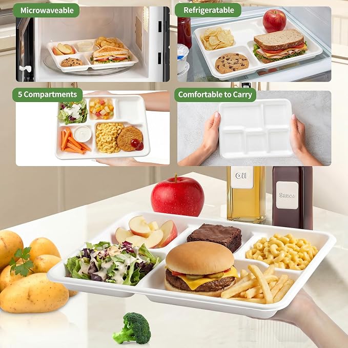 75Pack Compostable 5 Compartment Plates 10.25x8.25 inch Divided Paper Food Trays - Image 4