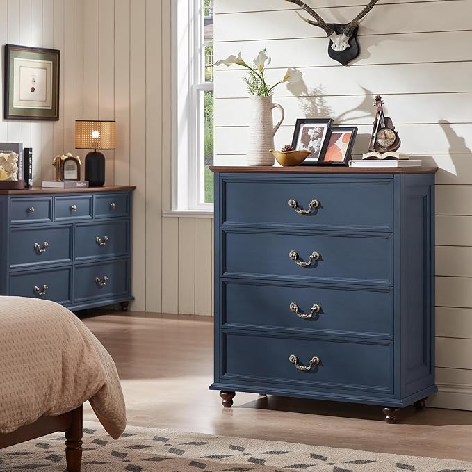 Farmhouse 4 Drawer Dresser Set of 2 for Bedroom, 37" Tall Rustic Chests of Drawers w/ 4 Solid Wood Feet, Mid Century Vintage Wooden Closet Storage Dressers Organizer for Living Room, Navy Blue-DeskLoop Office