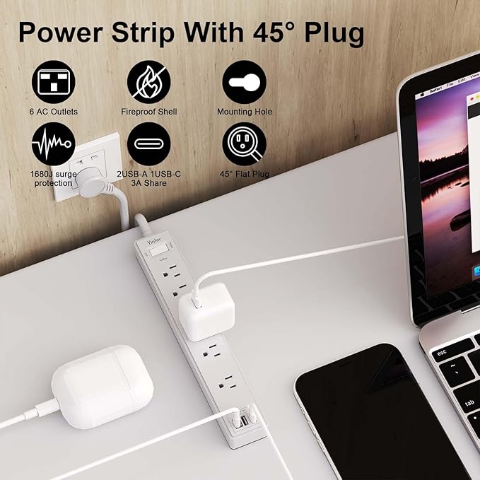 10Ft Power Strip Surge Protector - Yintar Extension Cord with 6 AC Outlets and 3 USB Ports for Home, Office, Dorm Essentials, 1680 Joules, ETL Listed, Grey-DeskLoop Office
