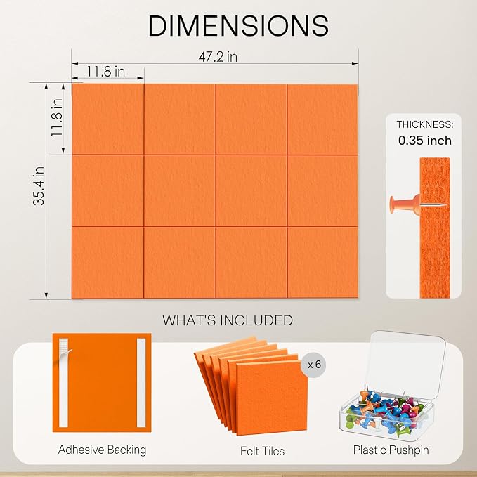 MaxGear Felt Bulletin Board 48" x 36", 12 Pack 11.8" x 11.8" Wall Panels - Image 3