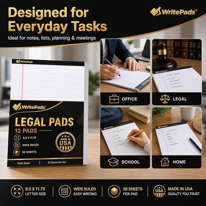 Legal Pads 8.5 x 11.75 Inch Wide Ruled Writing Pads, 12 Pack Note Pads - Image 8