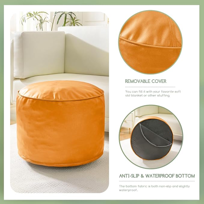 HIGOGOGO Round Stuffed Pouf Ottoman, Pu Leather Poufs - Image 3