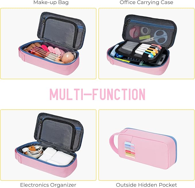 ECHSRT Big Pencil Case, Aesthetic Portable Zipper Pencil Bag with Hidden Pocket, Special Pouch for Men Women Adults, Stationery Organizer Pen Cases for Office Travel, Pink-DeskLoop Office