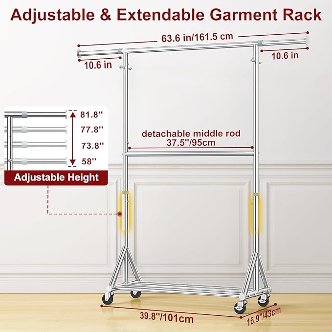 100% Stainless Steel Heavy Duty Clothes Rack Load 860LBS, Rolling Double Rods Clothing Racks for Hanging Clothes, Adjustbale Garment Rack With Sturdy Wheels Shelf, Portable Closet Rack Free Standing-DeskLoop Office