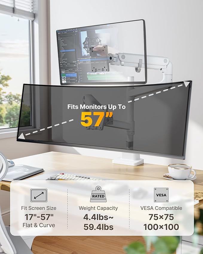 monTEK Dual Monitor Arm for up to 57" and 59.4 lbs Ultrawide Screen, Aluminum Heavy-Duty Gas Spring Vertical Stackable Curved Screen Adjustable Monitor Stand, 75/100mm Vesa Mount, White-DeskLoop Office