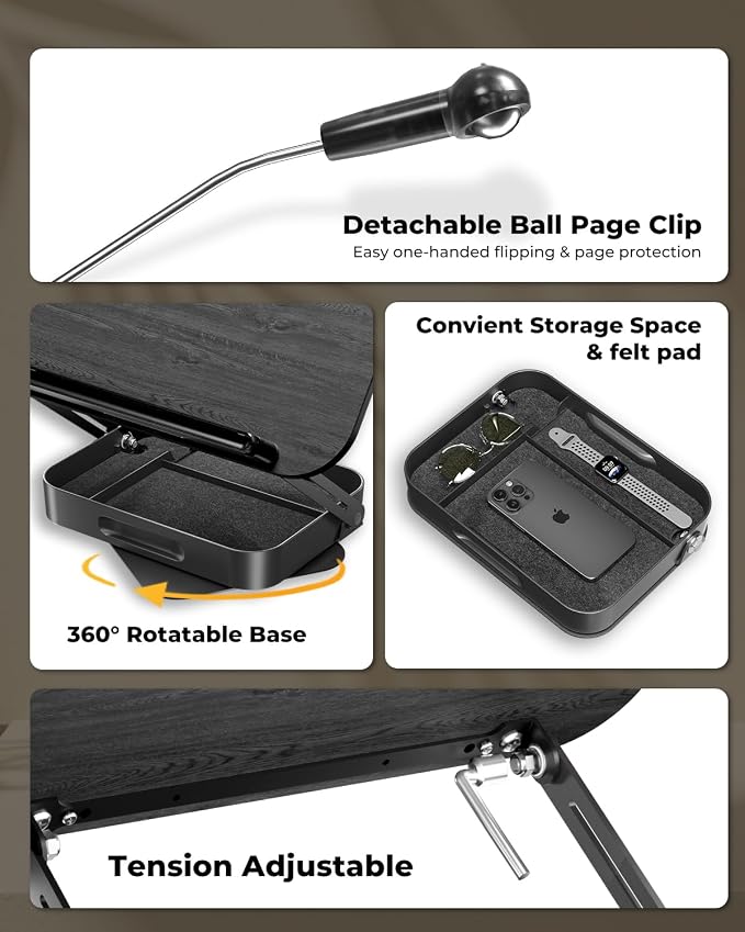 Adjustable Book Stand with Storage Drawer, 360° Rotating Book Holder, Height & - Image 3