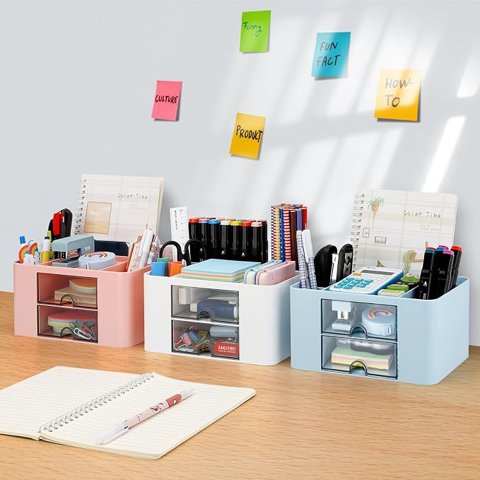 Desk Organizer with 2 Drawer, Plastic Desktop Pen Pencil Card Holder Storage Box - Image 2
