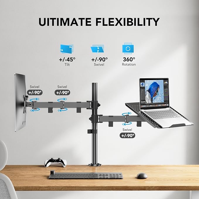 HUANUO Adjustable Monitor Stand, Single Arm Desk Mount for 32 inch Screen and 17 inch Laptop, Heavy Duty Ergonomic Bracket Holds 22lbs-DeskLoop Office