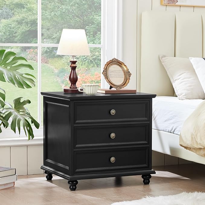 24" Wide Farmhouse Night Stand Set of 2,Large End Table with 3 Drawers & Metal Handle,Wood Dresser for Bedroom Cabinet, Bed Side Table Chest of Drawers,Nightstand for Living Room,Closet,Black-DeskLoop Office