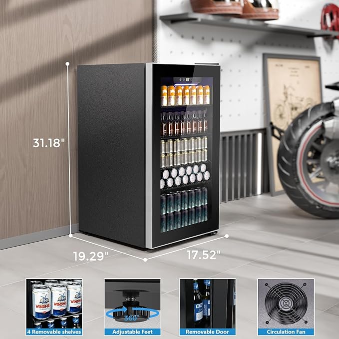 Kndko Beverage Refrigerator Cooler - 130 Can Mini Fridge with Adjustable Shelves, Glass Door, Digital Temperature Control, LED Lighting, Energy Efficient for Home, Office, Bar - 3.2 Cu.Ft, Black-DeskLoop Office