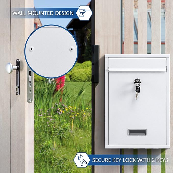 KYODOLED Key Lock MailBoxes for Outside, Locking Wall Mount Mailbox, Security Key Drop Box for Letters Newspapers, Cards, 12.4H x 8.54L x 3.35W Inches, White-DeskLoop Office