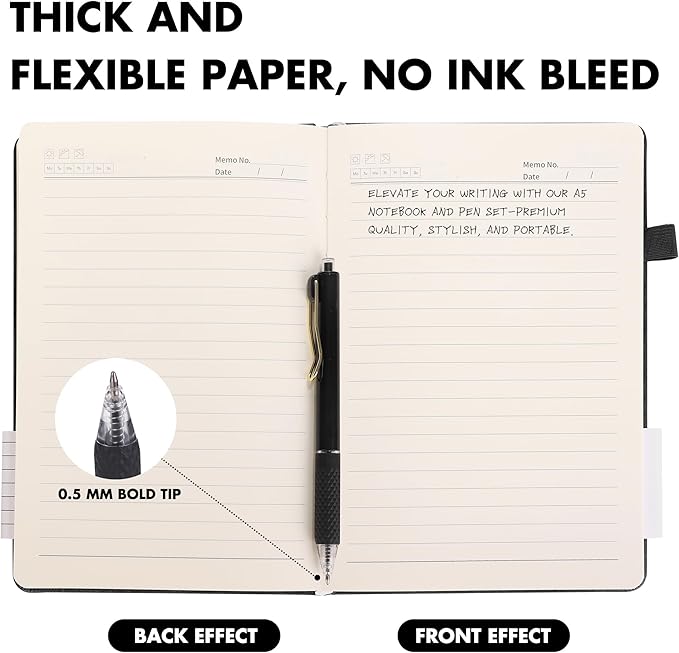 Aodaer Lined Notebook Journal with Pen A5 Notebooks 100 GSM College Ruled Hardcover Notebook PU Leather Notepad with Pen Holder for Office School, 5.7 x 8.3 Inches, Black-DeskLoop Office