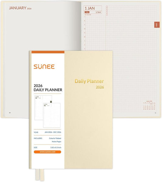 SUNEE 2026 Daily Planner A5 Hardcover – Hourly Schedule Organizer by SUNEE
