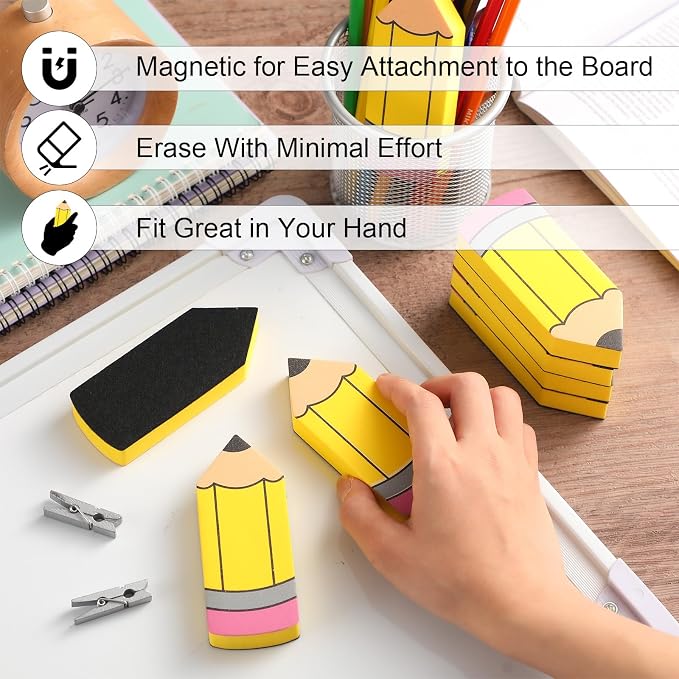 Kolldenn 8 Pcs Back to School Pencil Shaped Magnetic Dry Erase Erasers - Image 4