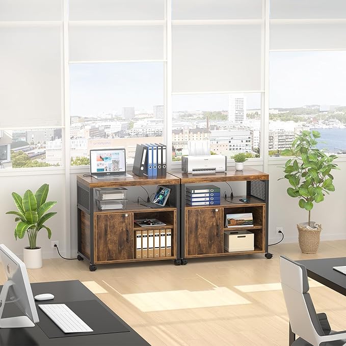 Unikito Lateral File Cabinet, Locking Office Filing Cabinets with Socket and USB Charging Port, Modern Rolling Printer Stand with Storage for A4, Letter Size and File Folders, Rustic Brown-DeskLoop Office