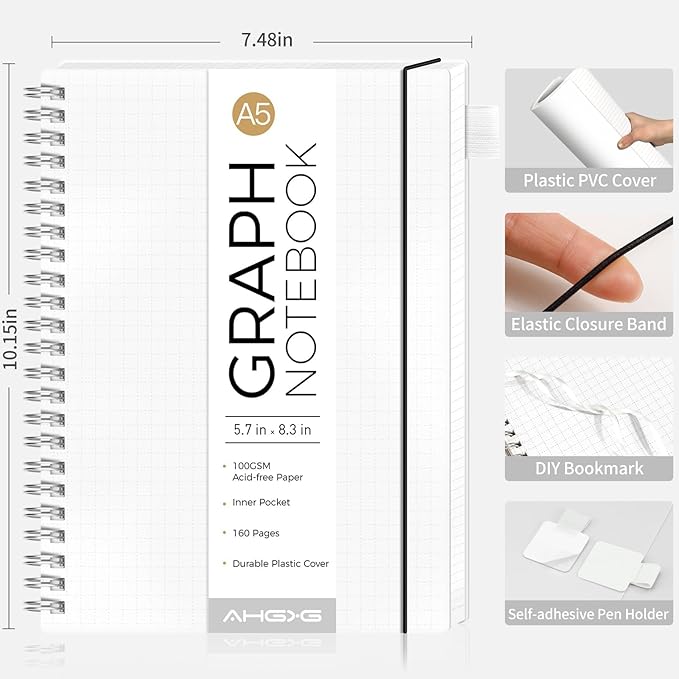 AHGXG Graph Paper Notebook - Spiral Notebook Journal 160 Pages, A5 Graph Notebook 5.7" x 8.3", 100 gsm Thick Grid Paper, Waterproof Plastic Cover, for School Writing Engineering Math, Transparent-DeskLoop Office