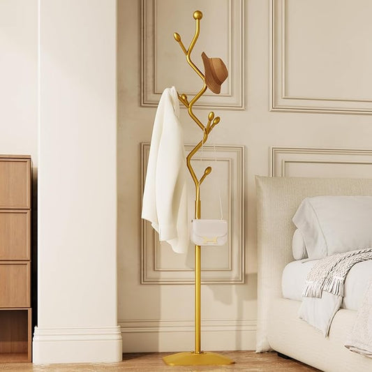Tree-shaped coat rack stand,Metal coat tree with 8 Hooks and sturdy cast iron base,Heavy Duty coat rack freestanding coat hanger stand for Clothes Hats Scarfs Purses (gold)-DeskLoop Office