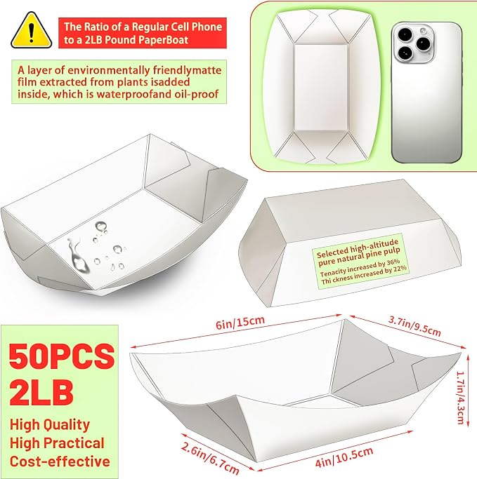 50 Pack 2Lb Paper Food Boat Trays Disposable Paper Boat Plate Containers - Image 2